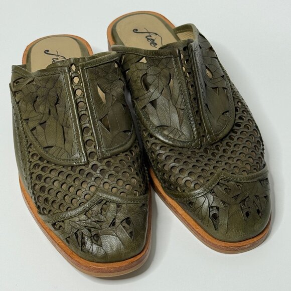 💚 Free People Paramount Olive Green Leather Cutout Mules | Slip-On Mules Women - Picture 6 of 10